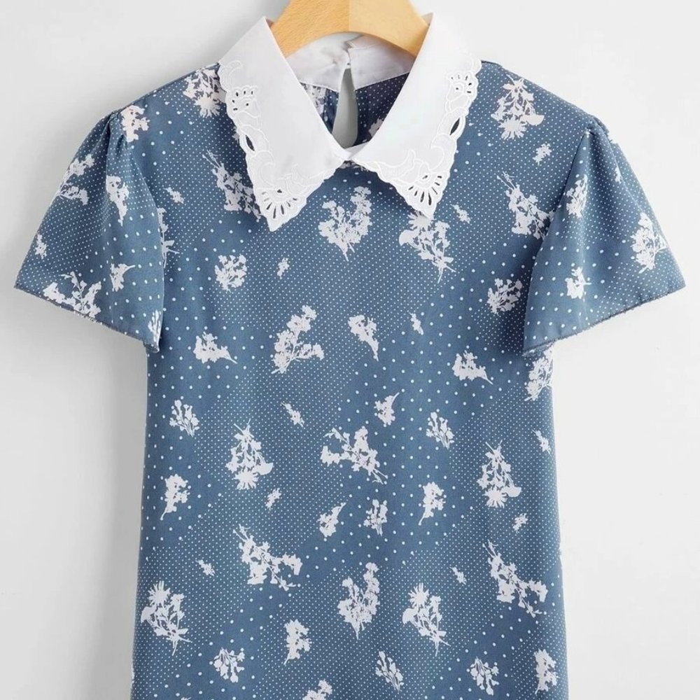 Women's Top LARGE Plants Print Polka Dot White Collar Blouse size 8-10us